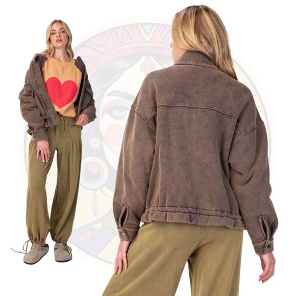 EASEL 726N Washed Zip Up Bomber Jacket Ash Navy Brown - Picture 2 of 2